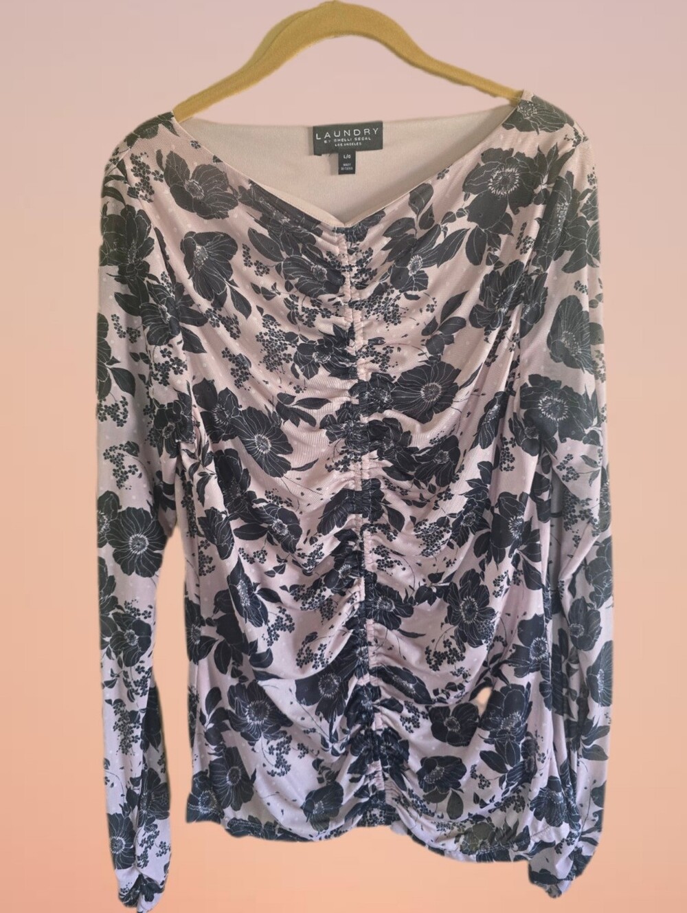 BRAND NEW Sheer Pink Black Floral Feminine Ruched Romantic Lined Long Sleeve Top